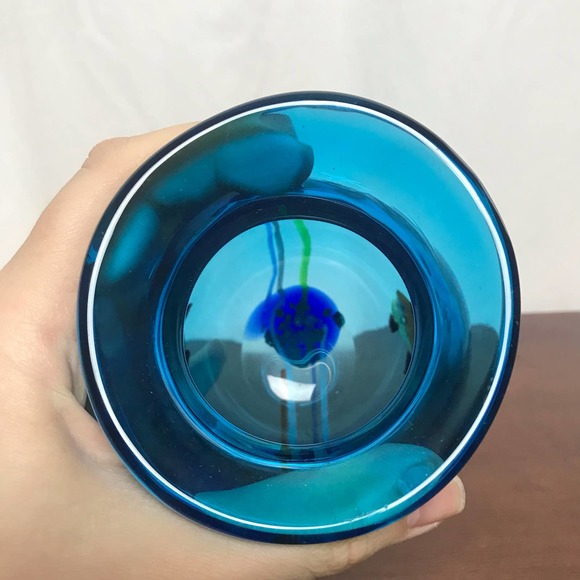 Beautiful Murano Heavy Thick Glass Blue Hand Painted Fish Aquarium Short Vase - Picture 7 of 10